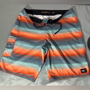O’Neill Men’s Board Shorts Size 36 Striped Surf Swim Trunks Orange Blue